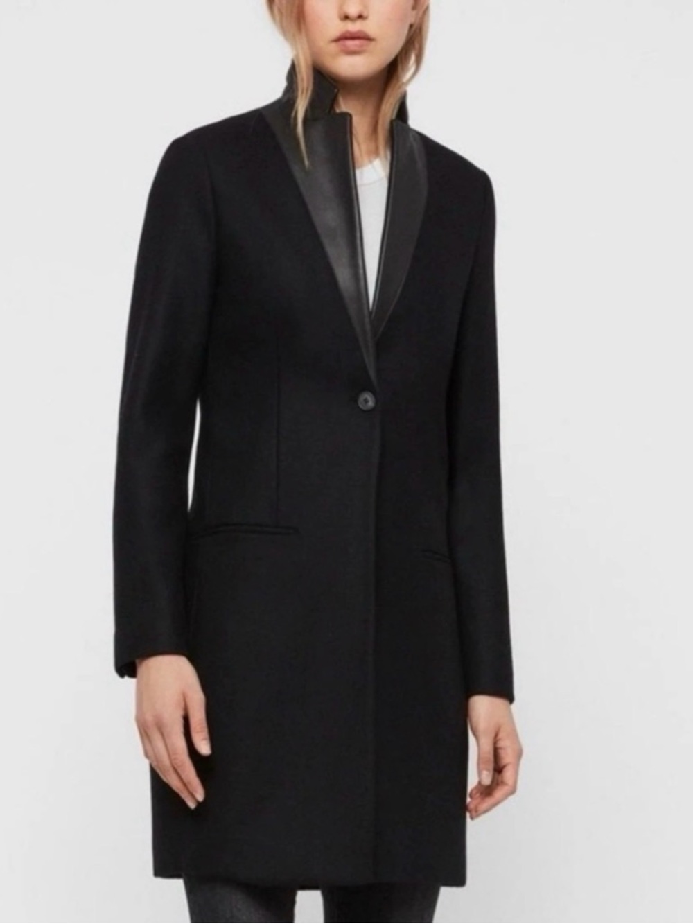 AllSaints Lorie Wool Long Coat 2 Ink Black Slim Fit Single Breasted Leather